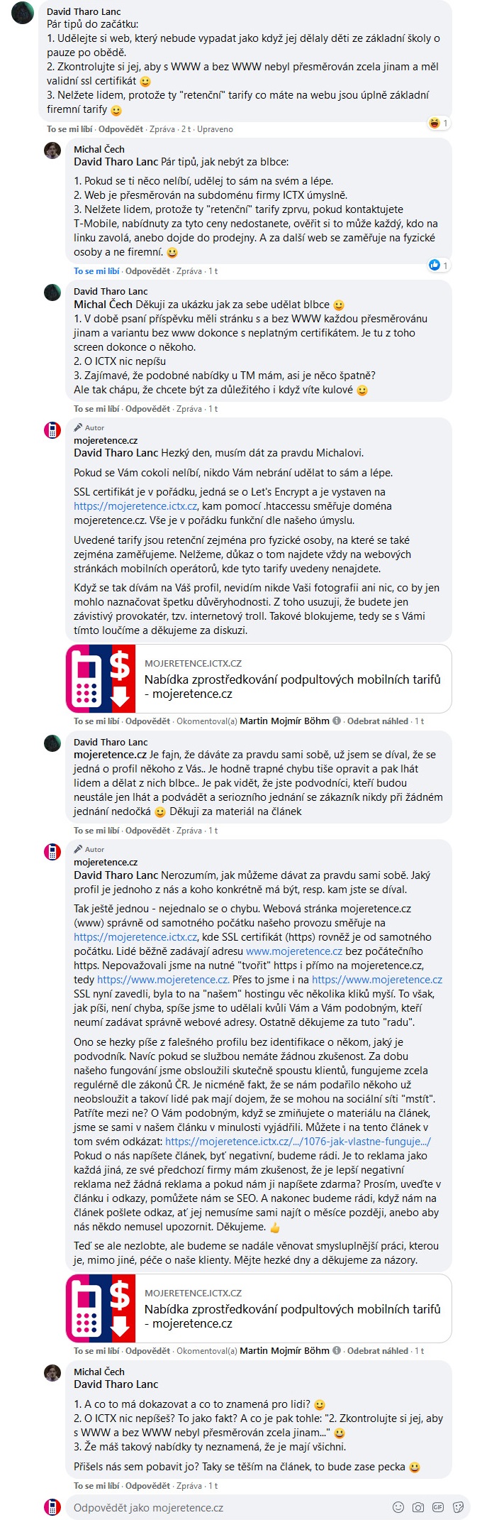 Blbec anonym na FB o článku na mojeretence.cz