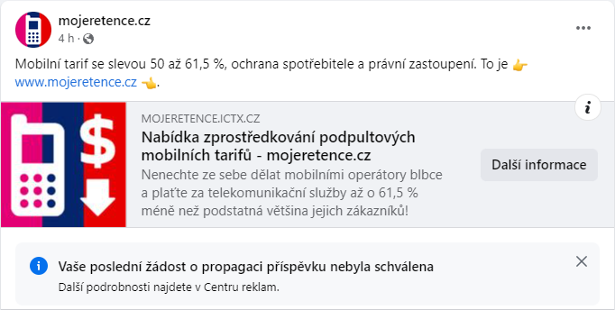 mojeretence.cz neklama na Facebooku 13.08.2022