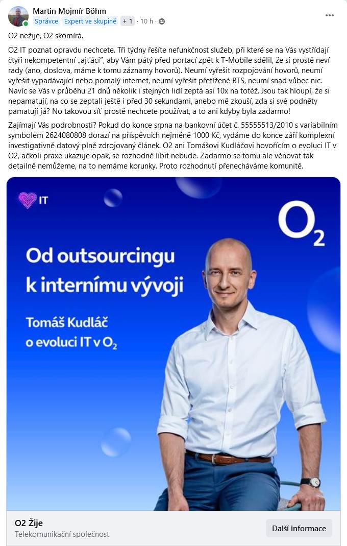 O2 nežije, O2 skomírá - FB status 3021531074607937