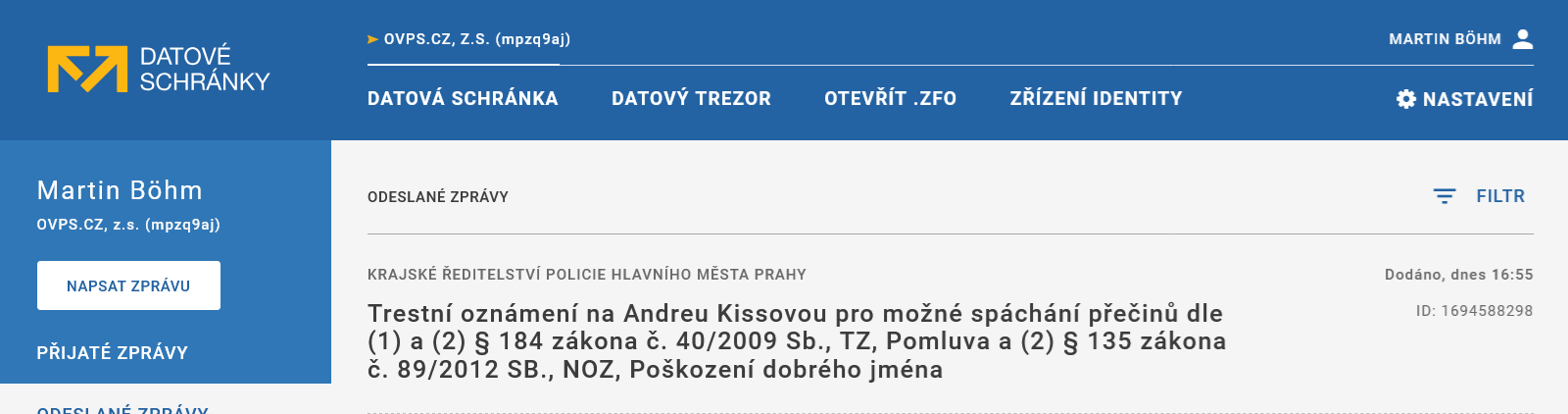 Odeslaná datová zpráva PČR